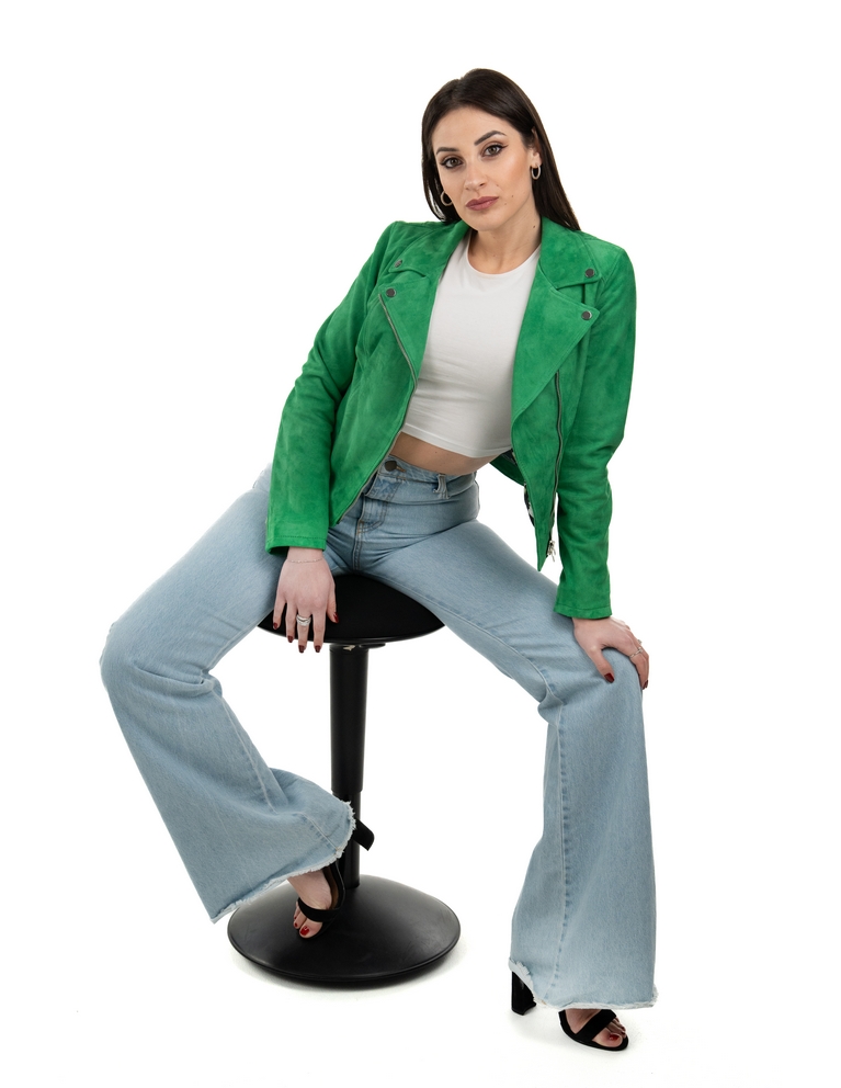 Chiodo da donna in vera pelle scamosciato verde - immagine 8