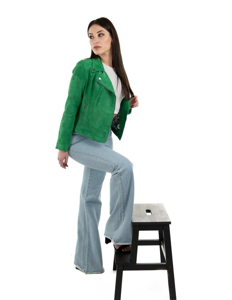 Chiodo da donna in vera pelle scamosciato verde - immagine 9