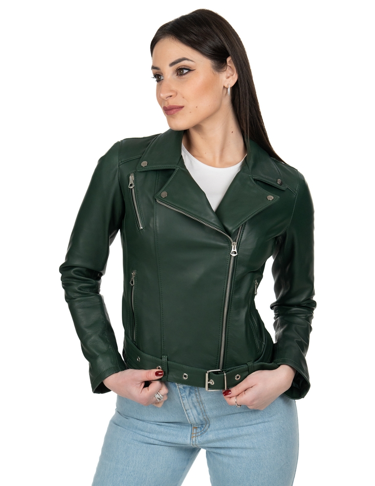 Chiodo da donna in vera pelle verde - immagine 2