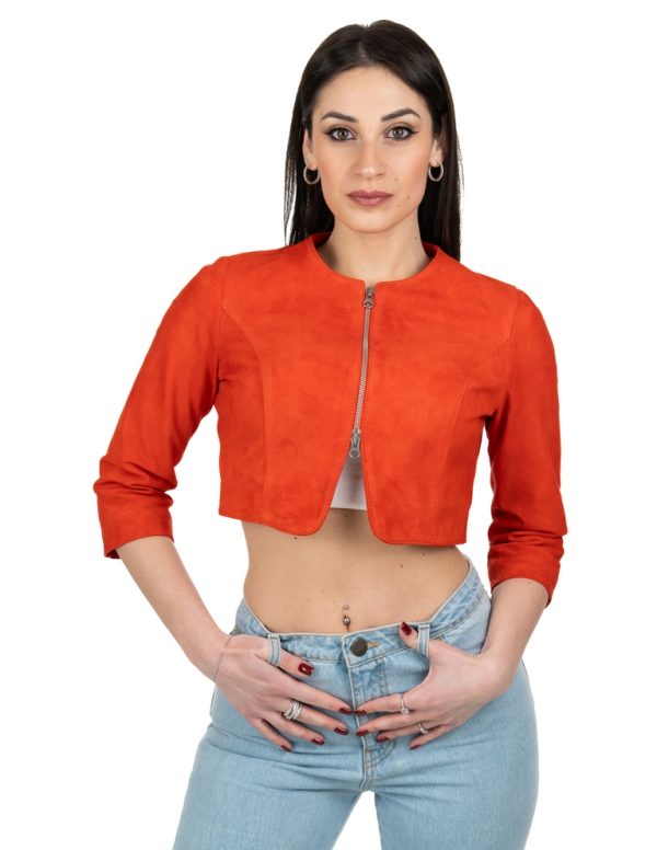 Bolerino da donna in vera pelle scamosciato arancio