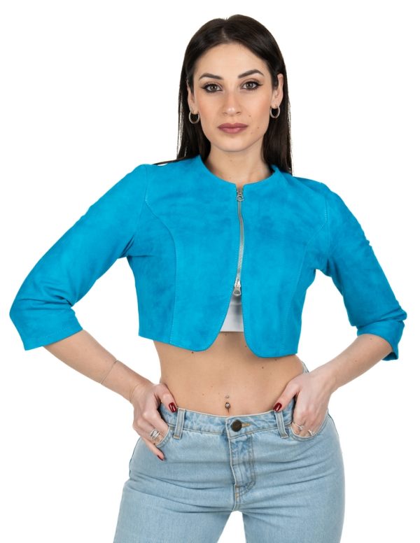 Bolerino da donna in vera pelle scamosciato pacific blu