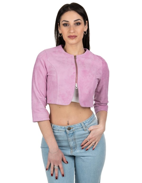 Bolerino da donna in vera pelle scamosciato rosa