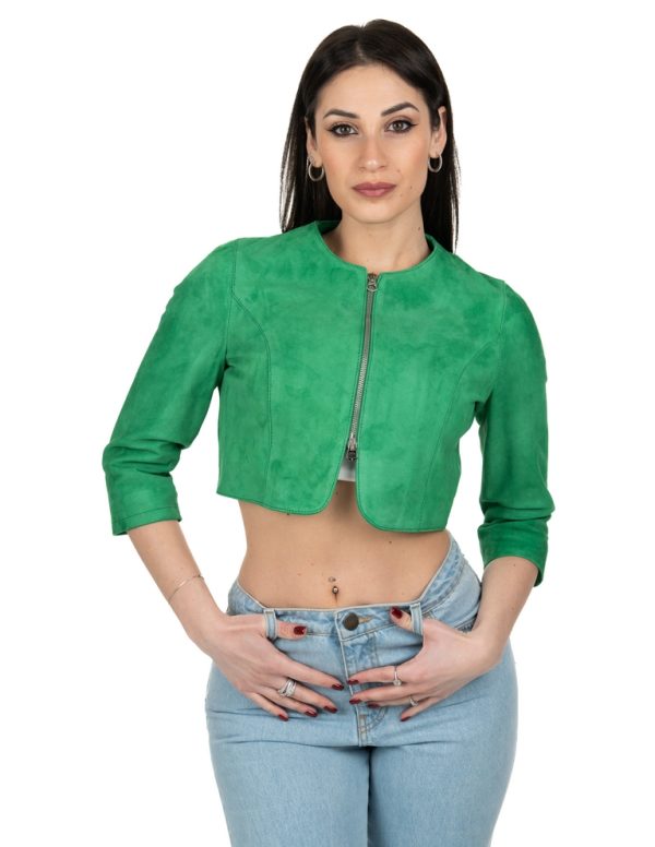 Bolerino da donna in vera pelle scamosciato verde