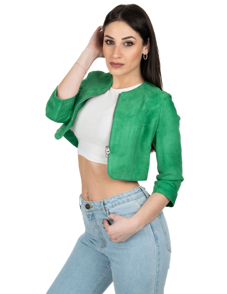 Bolerino da donna in vera pelle scamosciato verde - immagine 3