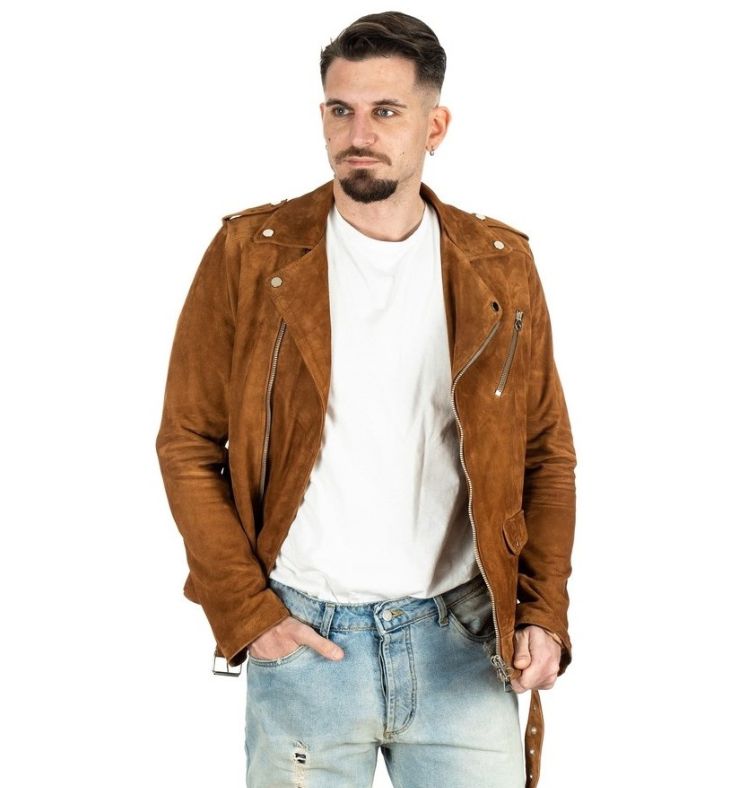 Chiodo da uomo in vera pelle scamosciato cuoio - immagine 2